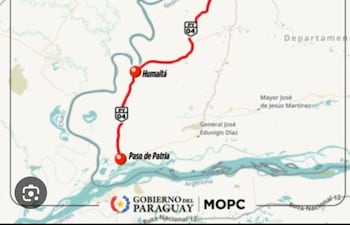 En el mapa presentado por el MOPC, se encuentra pintado en rojo el tramo que será pavimentado, con una longitud total de 58,6 km.