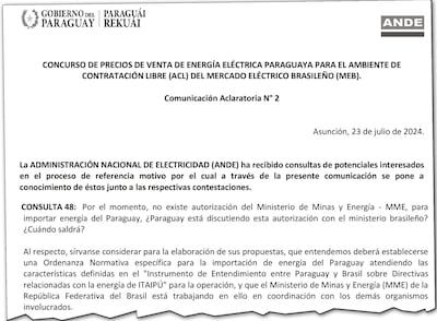 Facsimil del documento publicado por la ANDE en la web de Contrataciones Públicas, con una de las 50 repreguntas que recibió.