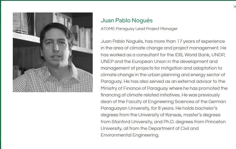 Juan Pablo Nogués, proyect manager de ATOME destaca en la página oficial y en su currículum de Conacyt su experiencia como asesor para instituciones públicas.
