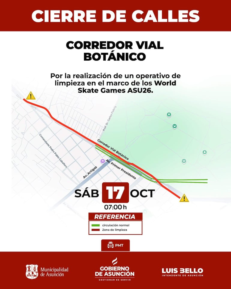 Aviso de cierre de calles en fondo blanco con texto negro y rojo sobre operativo de limpieza en el Corredor Vial Botánico.