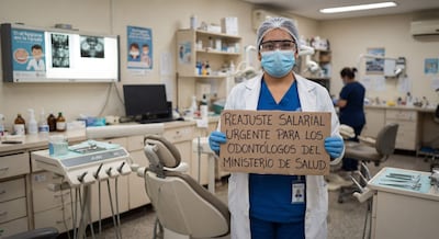 Odontólogo con bata blanca y guantes sostiene un cartel en protesta, fondo de consultorio dental y equipo médico visible.