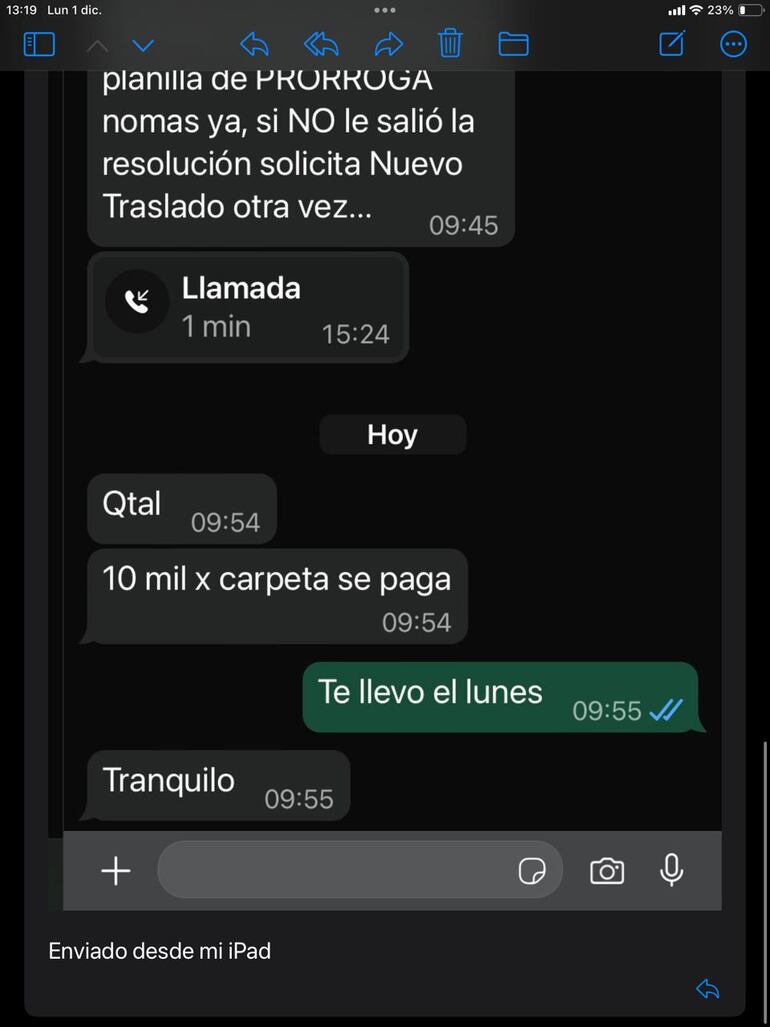 En uno de los chats se observa que, en Paraguarí, piden G. 10.000 a cada docente por la carpeta que contiene las planillas de traslados o prórrogas.