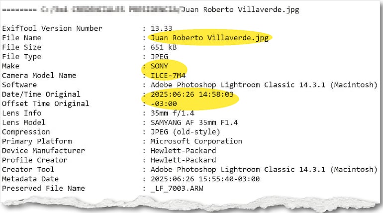 Parte de los metadatos correspondientes a la fotografía capturada a “Jimmy” Villaverde.
