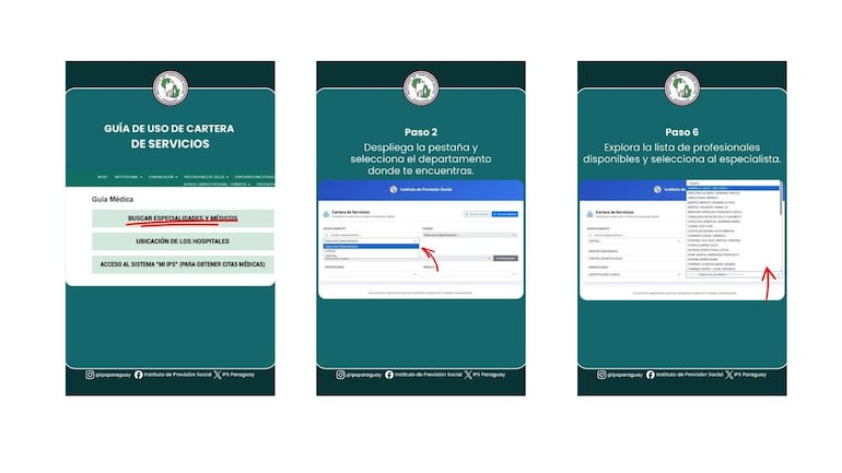 'Carpeta de Servicios' del IPS, mostrando guías y pasos para buscar médicos y especialidades.