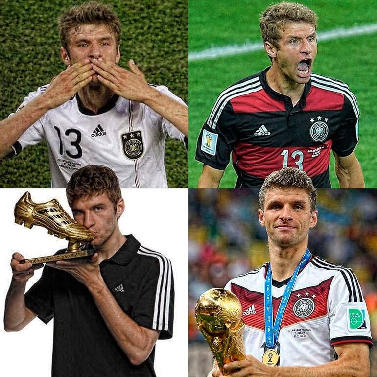 El alemán Thomas Müller, con la bota de oro del Mundial Sudáfrica 2010 y el trofeo de campeón del Mundial Brasil 2014.