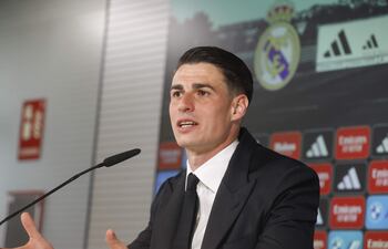 Acto de presentación del jugador Kepa Arrizabalaga como nuevo jugador del Real Madrid, este martes en la ciudad deportiva de Valdebebas (Madrid). Arrizabalaga ha sido cedido por el Chelsea FC y estará vinculado al Real Madrid durante esta temporada hasta el 30 de junio de 2024.