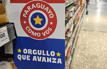 Estante con frascos de productos enlatados y cartel que resalta colores de la bandera paraguaya.