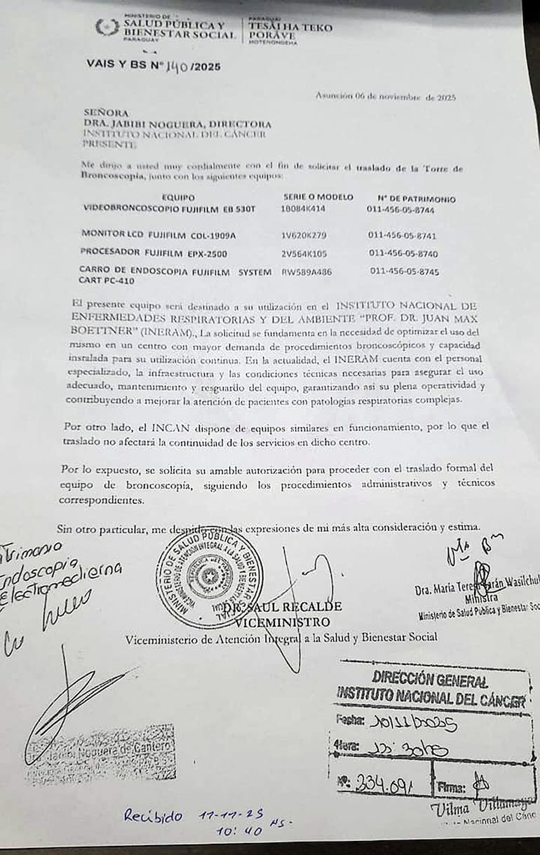 Nota remitida por Salud Pública a la doctora Jabibi Noguera, directora del Incan. El documento, está firmado por Saúl Recalde, viceministro de Atención Integral y, María Teresa Barán, ministra de Salud.