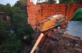 Terreno en mal estado con pared de ladrillos dañada y escombros, reflejando un ambiente de abandono y deterioro.