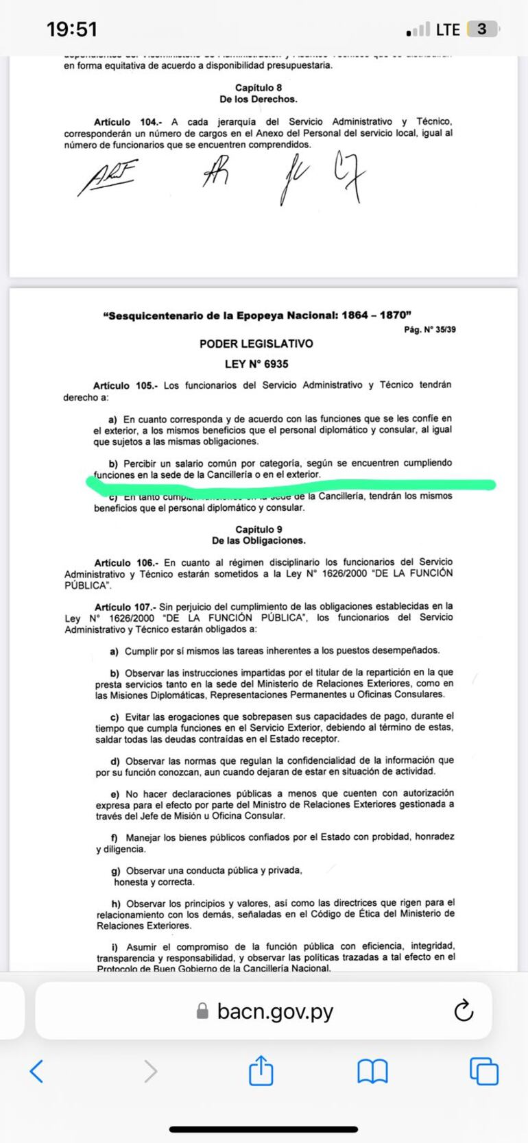 Artículo 105 de la Ley 6935.