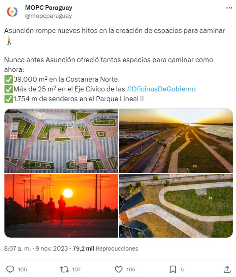Tweet del MOPC donde habla de hito en metros cuadrados para caminar y lo critican.