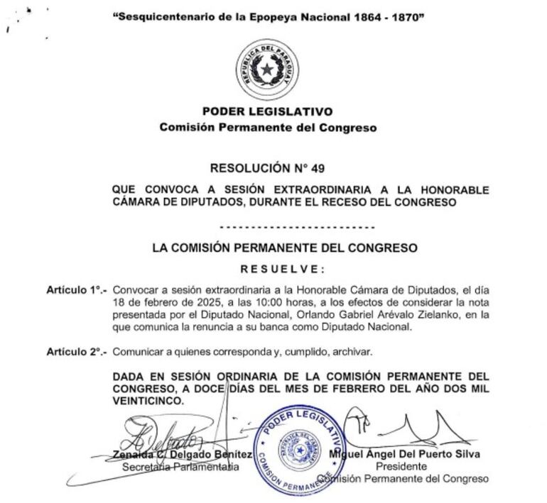 Convocatoria a sesión extraordinaria para tratar la renuncia del cartista Orlando Arévalo, firmada por el presidente de la Comisión Permanente del Congreso, diputado cartista Miguel Del Puerto.