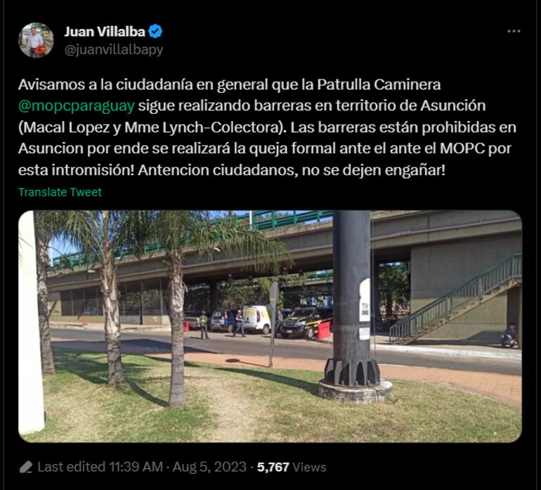 Denuncia de Juan Villalba en la red social Twitter -X-.