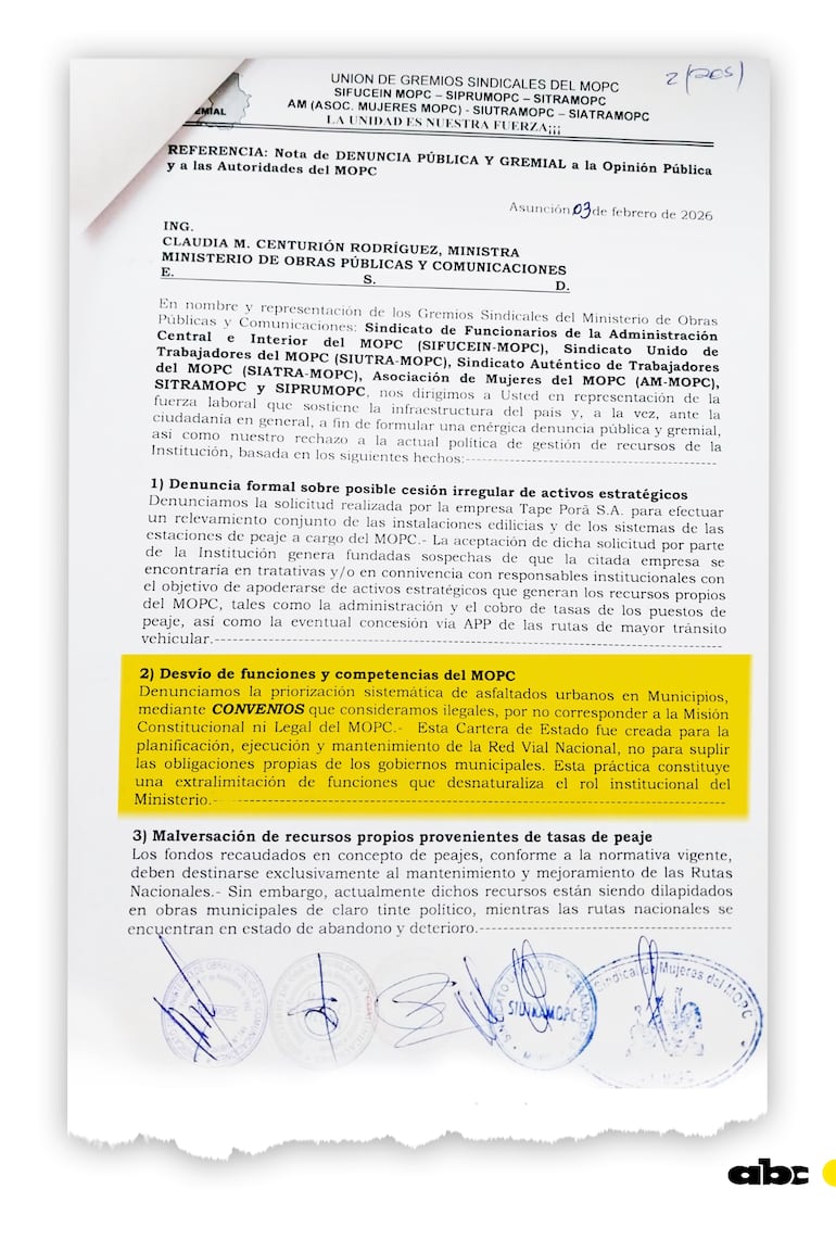 Nota que los sindicatos remitieron ayer a la ministra Claudia Centurión.
