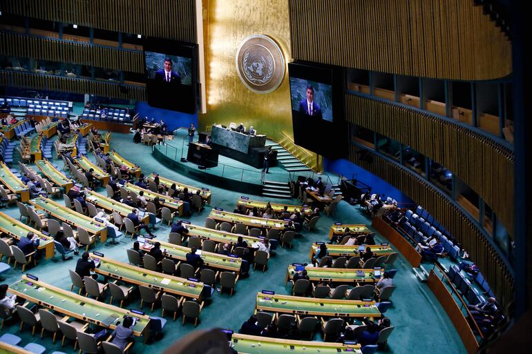 Santiago Peña ante la ONU. (Photo by Leonardo Munoz / AFP)