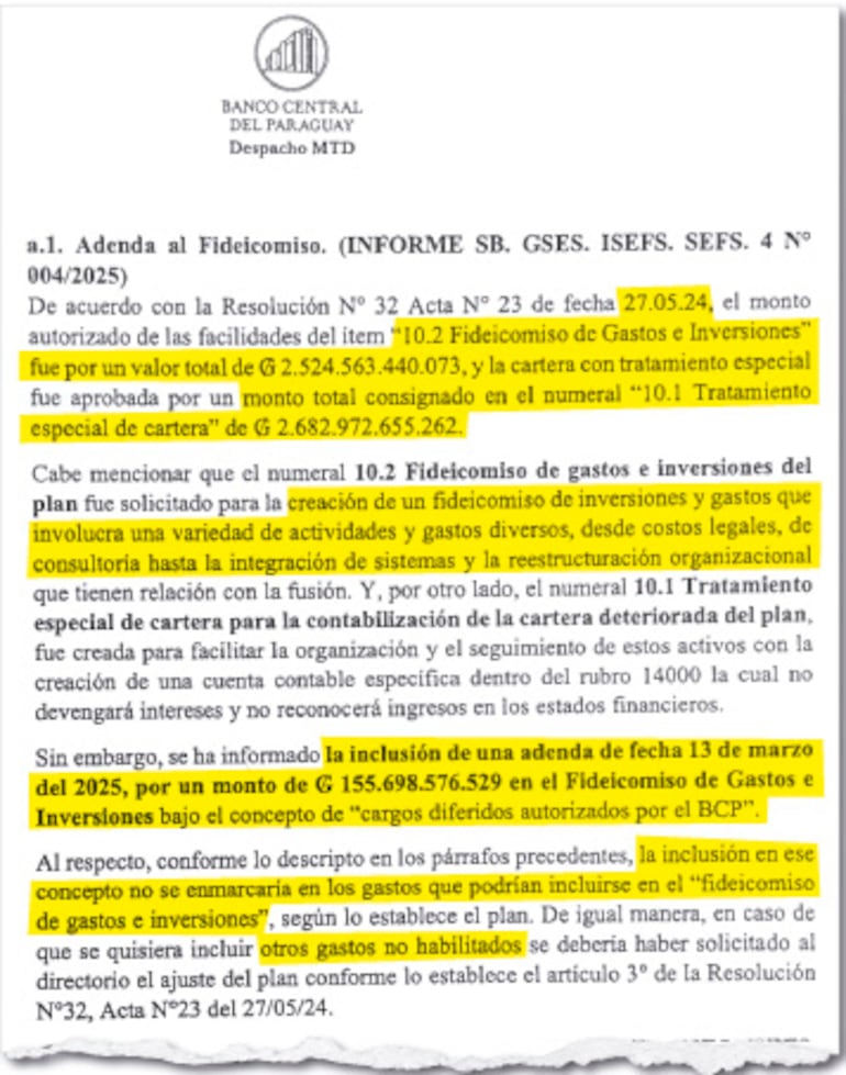 La observación con respecto a la adenda en el fideicomiso de “gastos e inversiones”.
