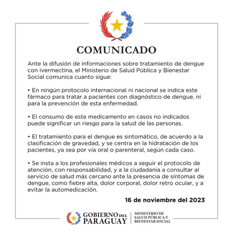 Comunicado del Ministerio de Salud en el que desmiente el uso de la ivermectina contra el dengue.