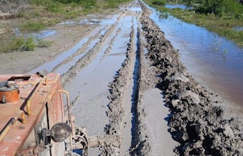 Camino de tierra en malas condiciones con barro y agua al costado, sin personas visibles. Vegetación densa al fondo.