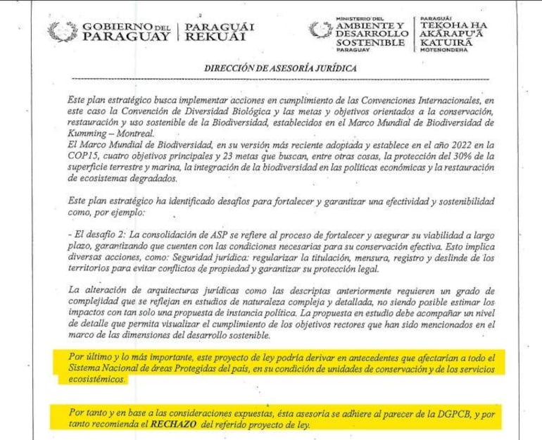 Documento oficial del Ministerio del Ambiente, con texto sobre el cumplimiento de convenios internacionales sobre biodiversidad en Paraguay.