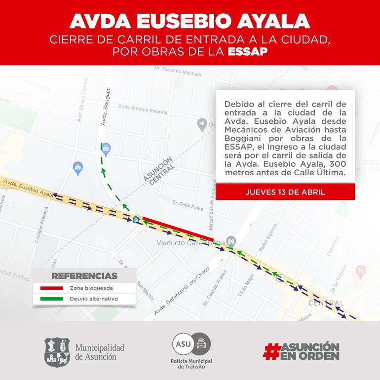 Desvío para ingreso a Asunción sobre un tramo de la avenida Eusebio Ayala