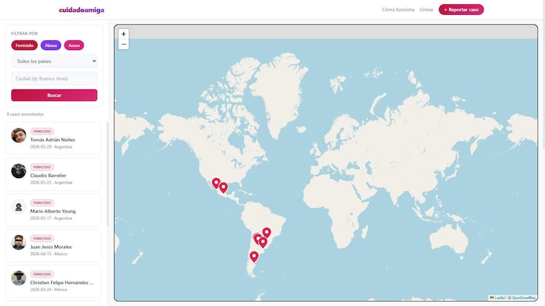 Gráfico de Cuidado Amiga mostrando casos de femicidio en Argentina y México, con textos informativos y mapa interactivo.