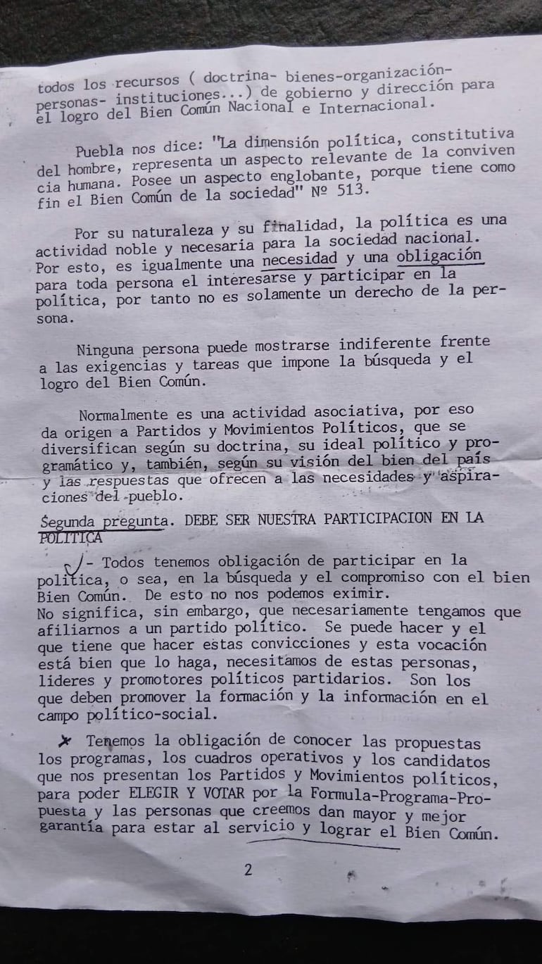 Documento impreso sobre la participación política y el Bien Común, con texto en formato carta, sin personas visibles.