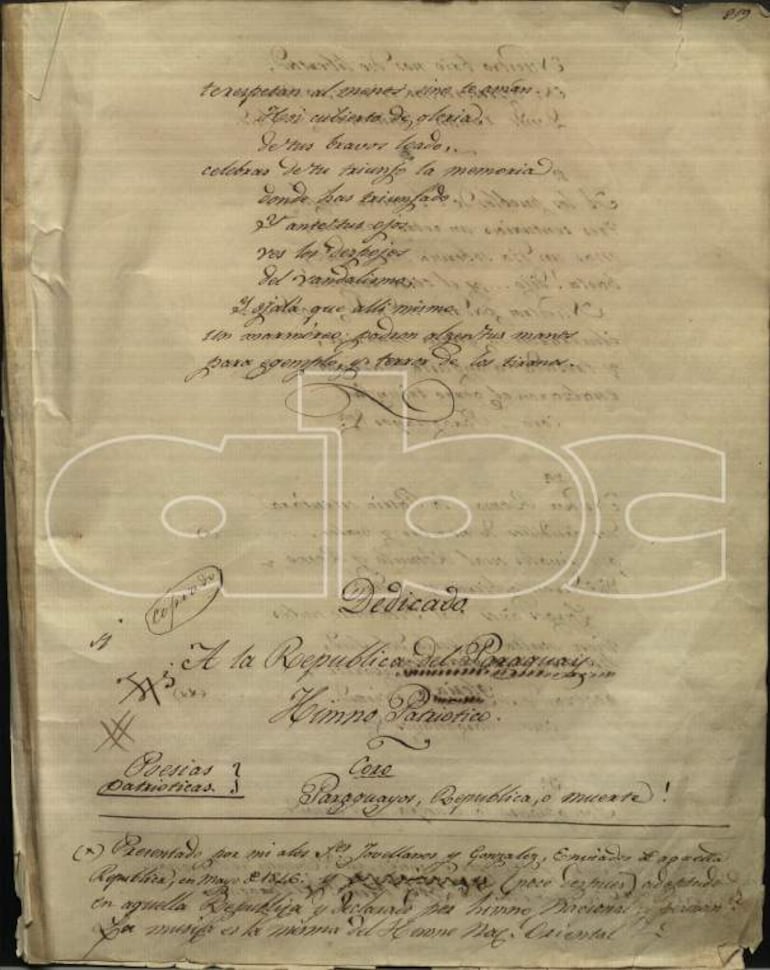 Documento manuscrito en papel envejecido con escritura cursiva, dedicado a la República del Paraguay.