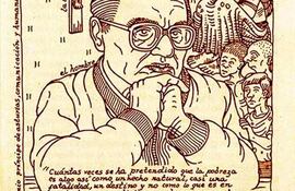 El padre Gustavo Gutiérrez en un dibujo de Lucho Rossell, al estilo del cronista Guamán Poma de Ayala