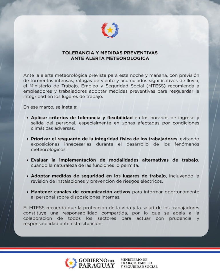 Comunicado del Ministerio de Trabajo, Empleo y Seguridad Social (MTESS).