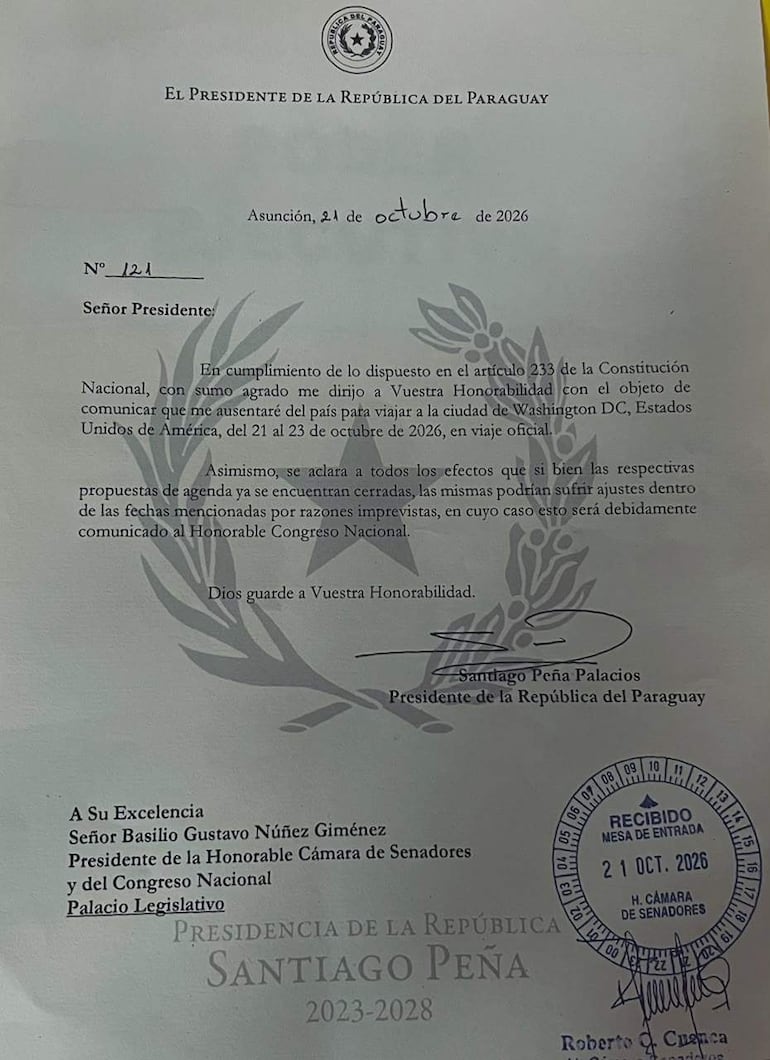 Documento oficial con encabezado de la Presidencia y sello de recepción del 21 de octubre de 2026.