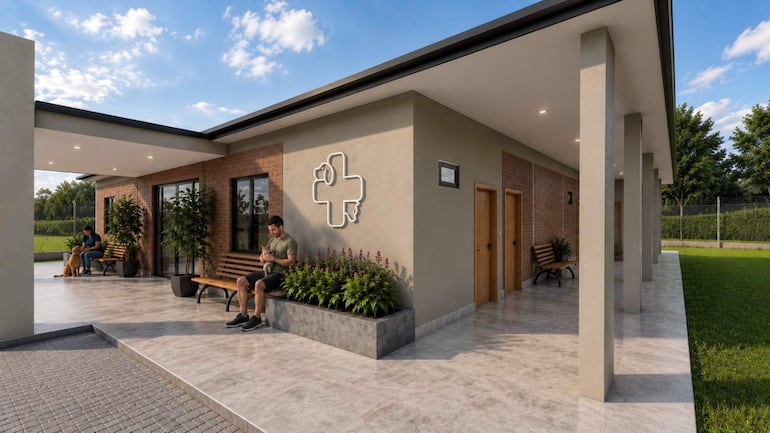 Hombre con gato en brazos y mujer con perro, sentados en banco frente a la clínica veterinaria en un día soleado.