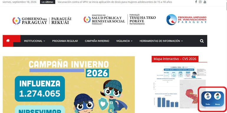 Diseño web de la campaña de vacunación con personajes animados 'Titán' y 'Nova', y gráficos de vacunación en colores vivos.