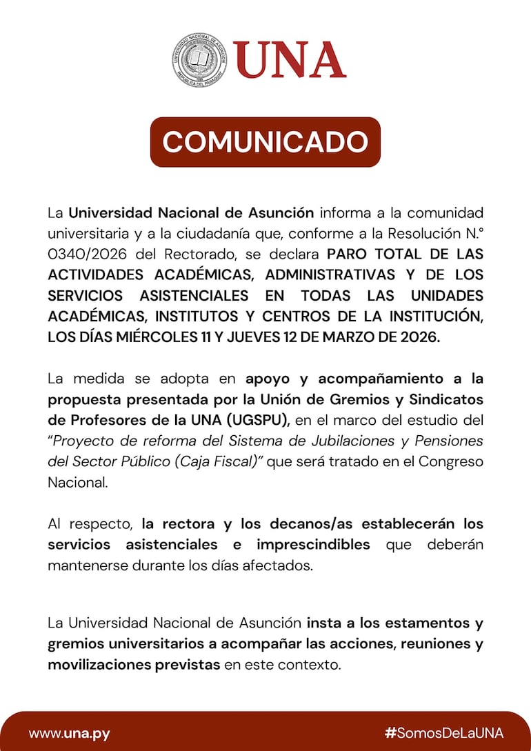 Comunicado de la UNA sobre el paro para el miércoles por tratamiento de la reforma de la Caja Fiscal.