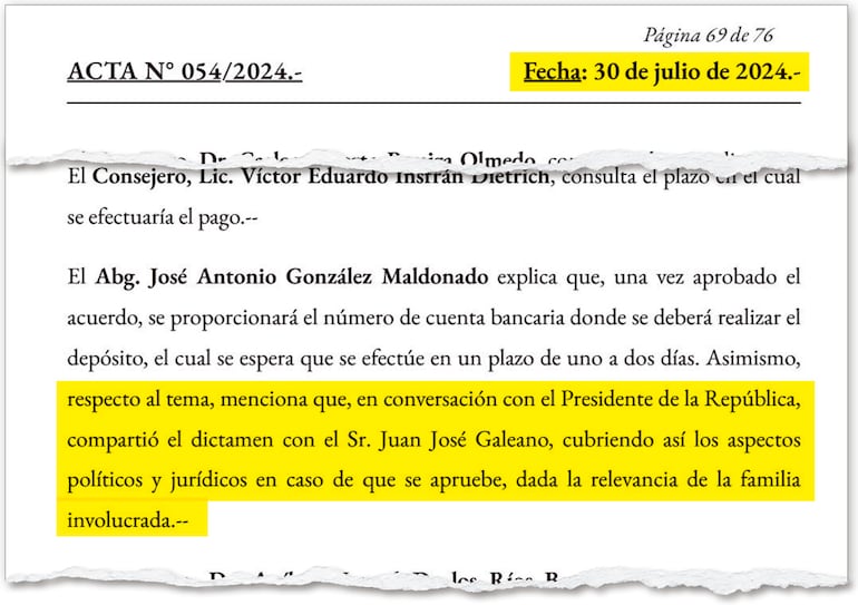 Acta N° 054/2024 del 30 de julio de 2024 en la cual se dejó constancia de cómo el Presidente digitó sobre el millonario acuerdo.