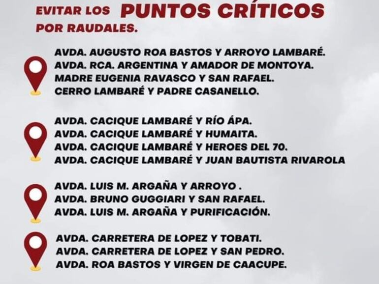 Avenidas y calles de Lambaré que se recomienda no transitar en días de fuertes lluvias.