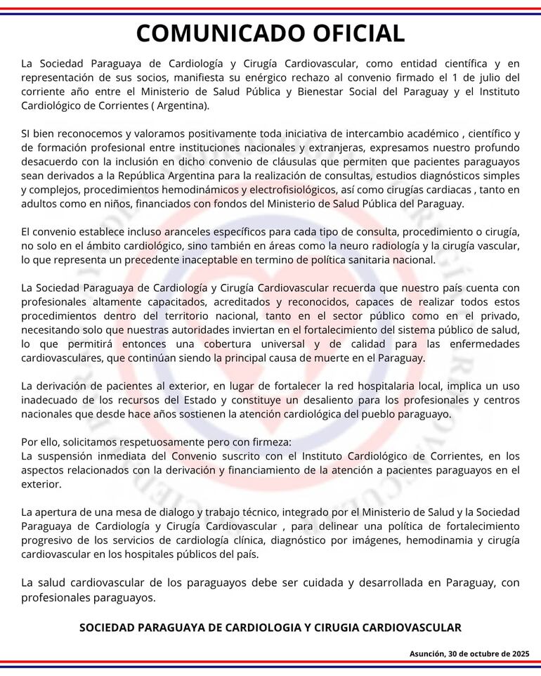 Comunicado de cardiólogos sobre la firma del convenio con instituto argentino.