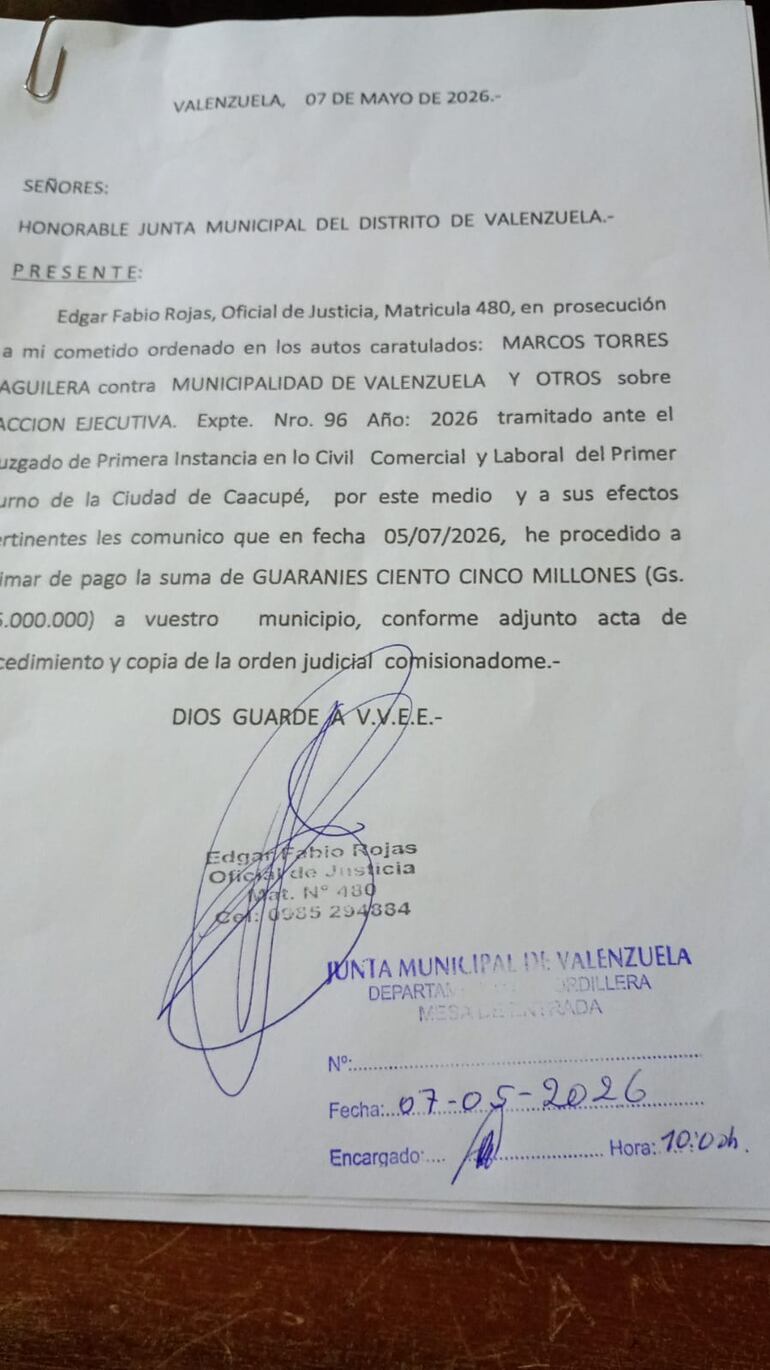 Nota remitida a la Junta Municipal.