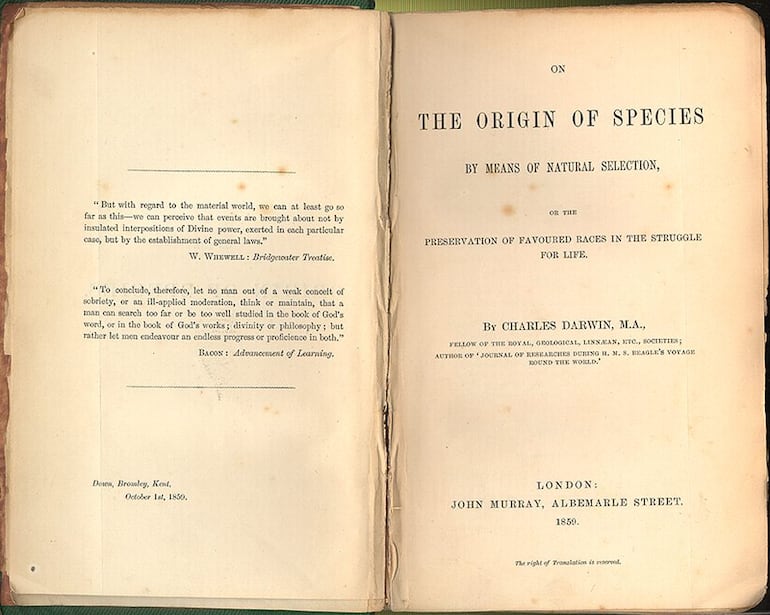 Primeras páginas del libro “Sobre el origen de las especies por medio de la selección natural…”, edición de 1859, de Charles Darwin.