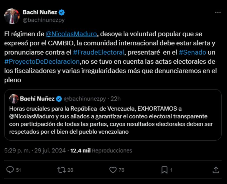 Tweet de Bachi Núñez sobre elecciones en Venezuela.