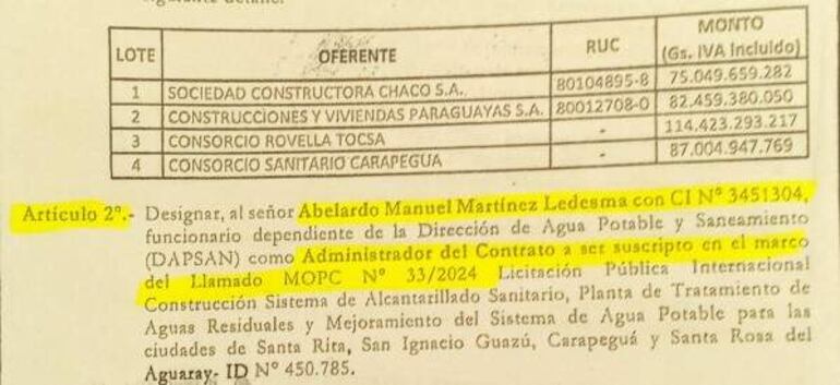 Contrato para la construcción de los alcantarillados sanitarios en varios puntos del país donde resalta el administrador del contrato. 
