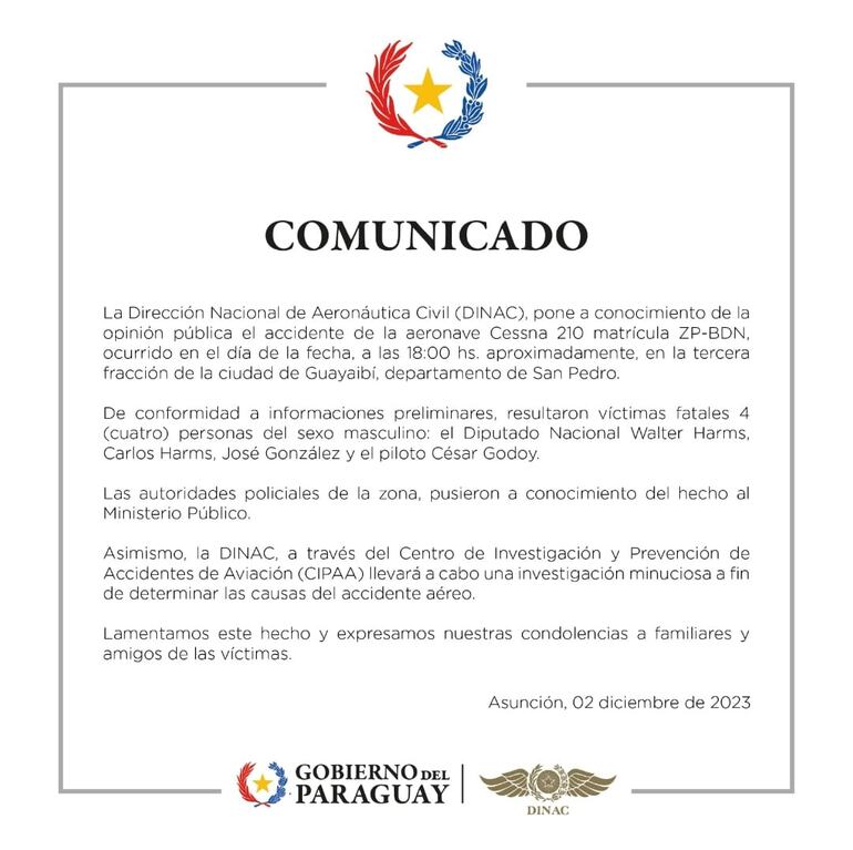 Comunicado de la Dinac que confirma lista de pasajeros en accidente aéreo en Guayaibi, San Pedro, en el que falleció el diputado Walter Harms junto a otras tres personas.