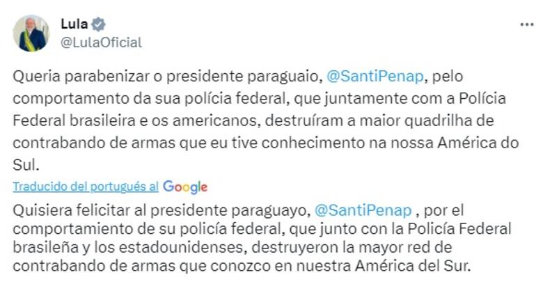 Felicitaciones del presidente brasileño por el operativo Dakovo.