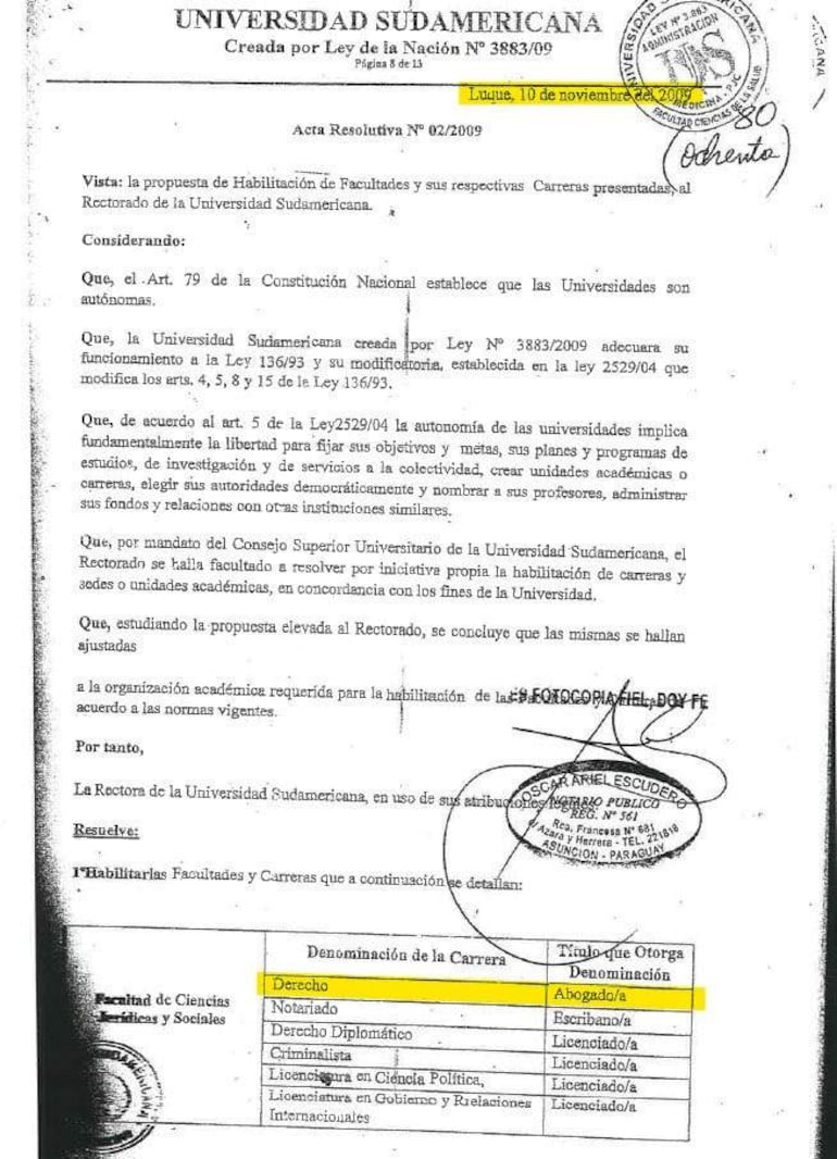 Documento oficial de la Universidad Sudamericana con encabezado y logotipo, en texto impreso blanco y negro.