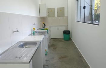 Ambiente de lavandería con fregaderos, productos de limpieza y un recipiente de basura en un espacio organizado y luminoso.