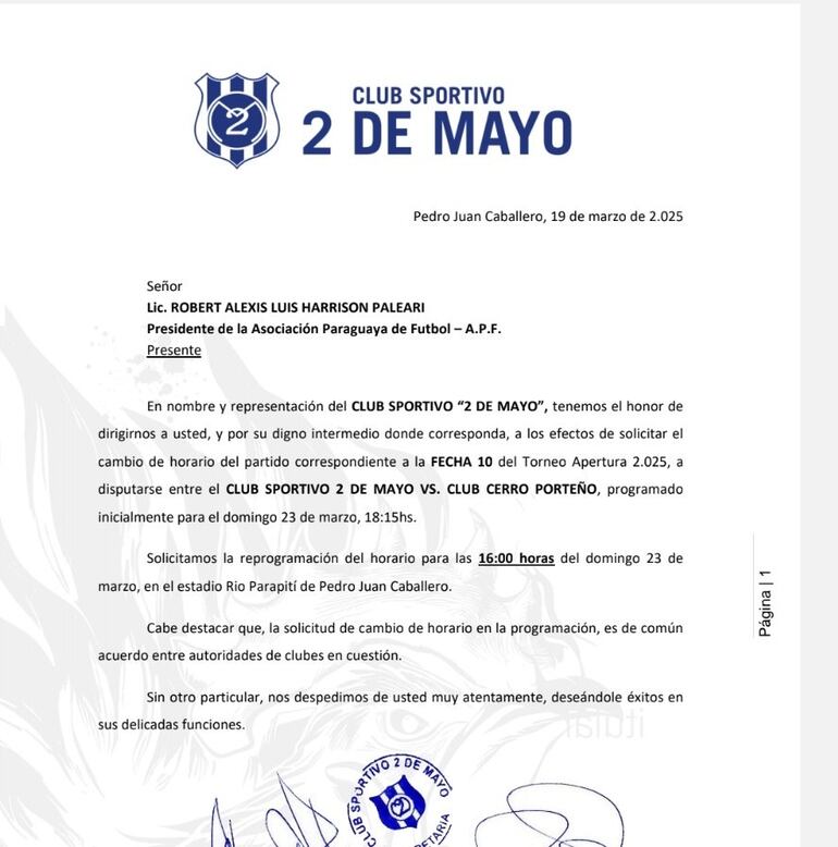Nota presentada por el Sportivo 2 de Mayo para el cambio del horario del partido del domingo contra Cerro Porteño.
