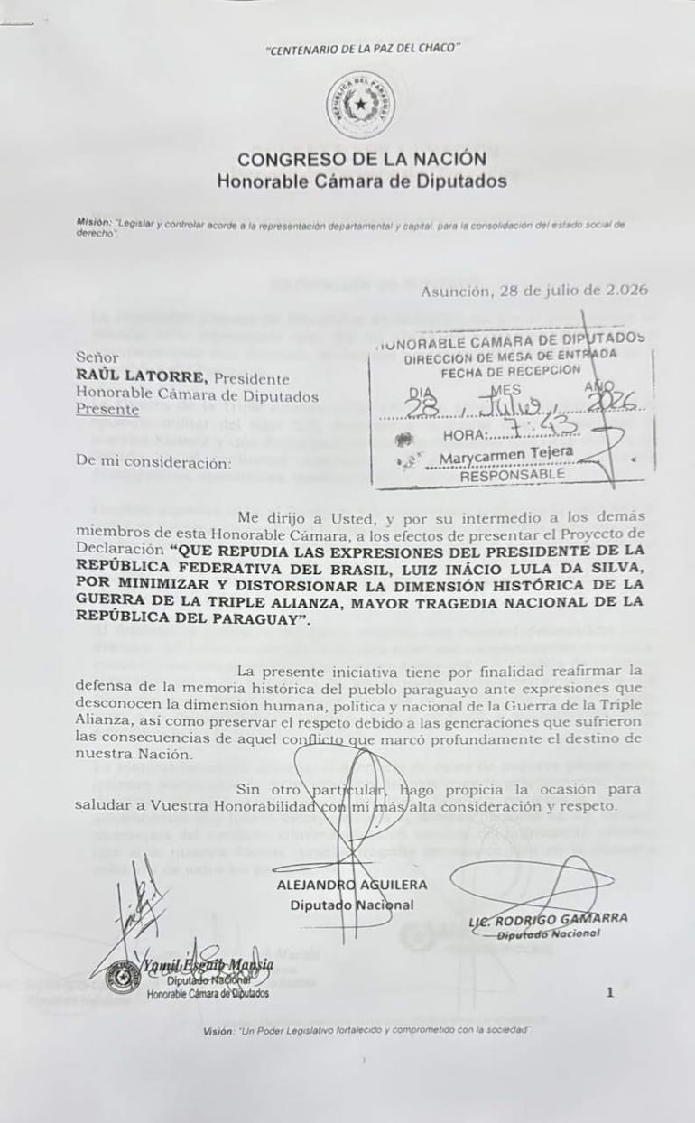 Documento oficial del Congreso con encabezado sobre el Centenario de la Paz del Chaco, fechado el 28 de julio de 2026.