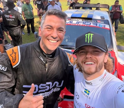 Santiago Peña (i) y Oliver Solberg en el shakedown del Rally del Paraguay 2026.