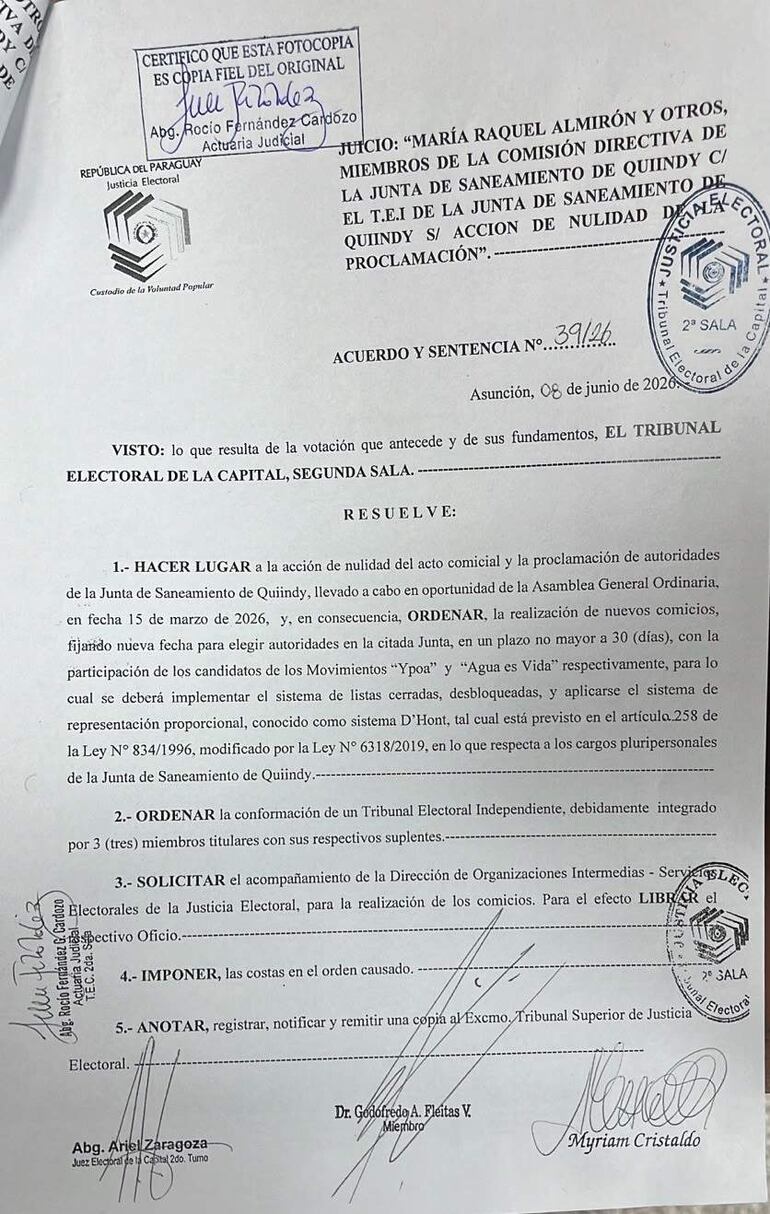 Con el Acuerdo y Sentencia N° 39/2026, el Tribunal Electoral de la Capital (Segunda Sala) convocó a nuevas elecciones para la Junta de Saneamiento de Quiindy.