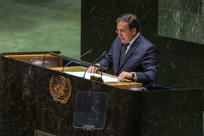 USA2789. NUEVA YORK (ESTADOS UNIDOS), 23/02/2024.- El ministro español de Exteriores, José Manuel Albares, habla durante una sesión de la Asamblea General de la ONU con motivo de la conmemoración de los dos años de la guerra en Ucrania, este viernes, en la sede del organismo en Nueva York (EE.UU.). Los países occidentales expresaron este viernes su apoyo a Ucrania en una sesión especial de la Asamblea General de la ONU con motivo del segundo aniversario de la invasión de Rusia y se sacudieron una rumoreada "fatiga" para seguir abogando por la paz. EFE/ Ángel Colmenares