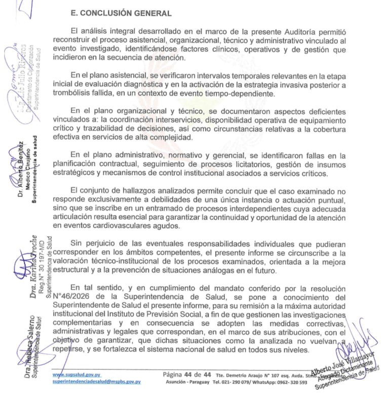 Conclusión general del informe de la Superintendencia de la Salud sobre el caso de Braulio Vázquez.